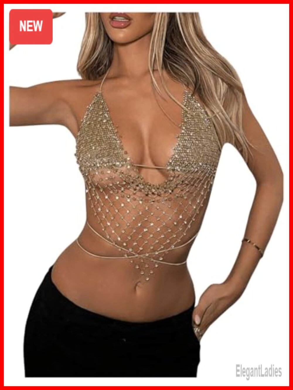 Glitter Rhinestone Criss Cross Halter Rave Top Sleeveless Backless Camisole